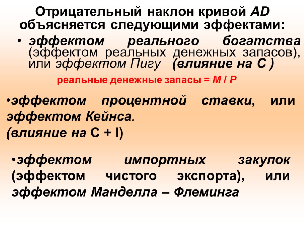 Отрицательный наклон кривой AD объясняется следующими эффектами: эффектом реального богатства (эффектом реальных денежных запасов),